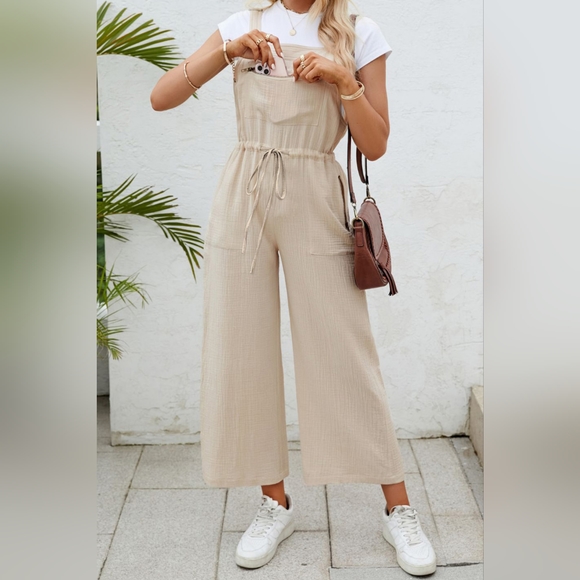 Women's Drawstring Wide Strap Jumpsuit with Pockets - Picture 2 of 5